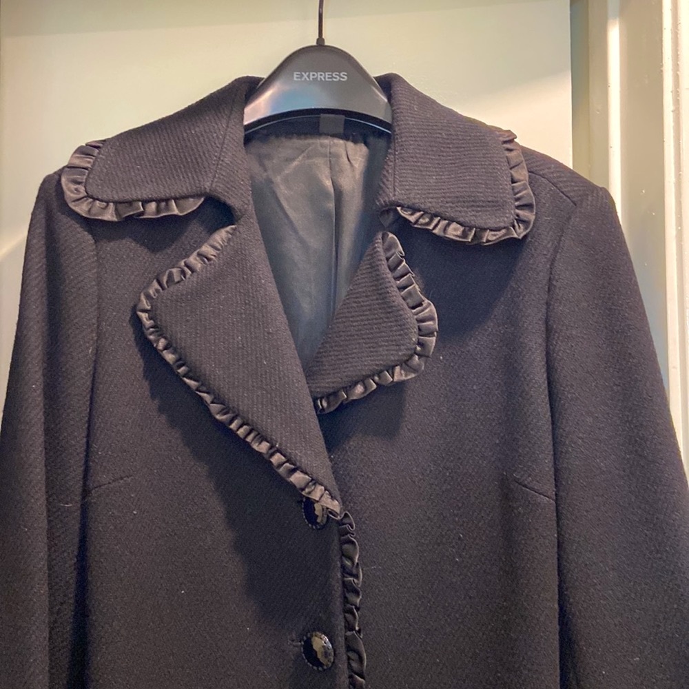 Express, gorgeous, like-new, black, long pea coat, M. Cover bag & coat hanger